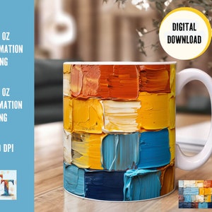 Puede incluir: Una taza de cerámica blanca con un diseño abstracto colorido. El diseño presenta bloques de pintura naranja, amarilla, azul y blanca. La taza es de 11 oz y 15 oz y es adecuada para la impresión por sublimación.