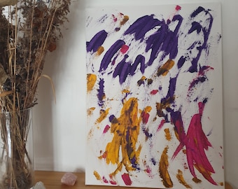 Abstraktes handgemaltes Acrylbild, violett/gelb/rosa auf Leinwand