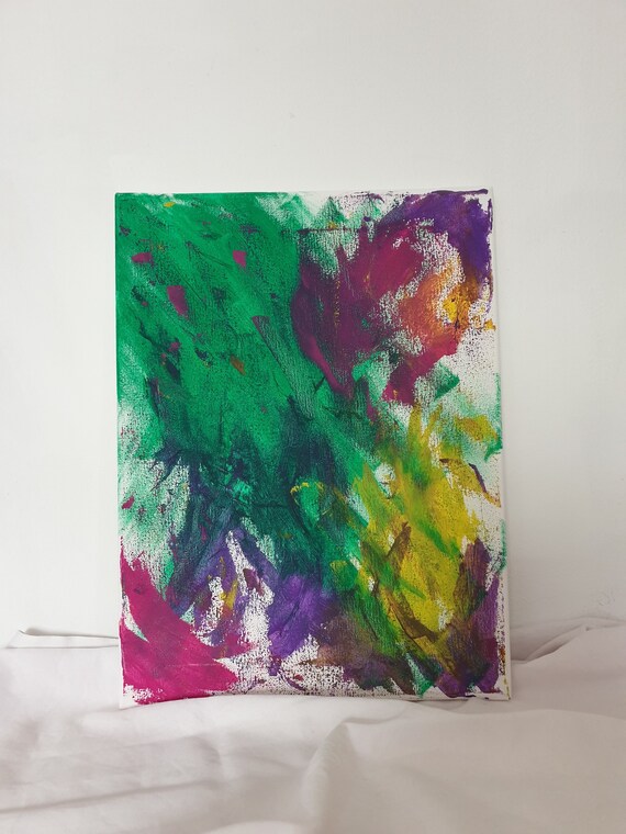 Abstract hand-painted acryl painting, green/yellow/violet/magenta on canvas, homedecoration