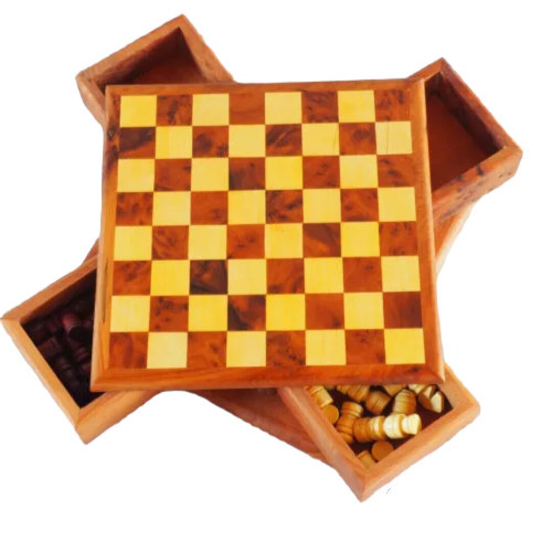 Jeu d'échec boîte ronde bois