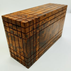 magic opening box,secret lock box,A small handmade wooden mystery box, perfectly designed with a hidden latch,  Burl secret thuya wooden box