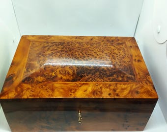 Boîte à bijoux marocaine en bois de thuya - Organisateur fait main en ronce de bois avec serrure - Coffre secret Unique