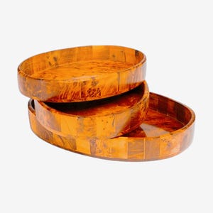 Set of 3 Handcrafted Moroccan Thuya Burl Veneer Oval Trays - Elegant Decorative Serving Trays for Coffee Table, Kitchen, and Home Décor