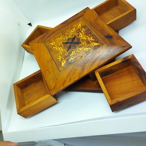 Secret Opening Wooden Jewelry Box, secret opening thuya wood jewellery Box organizer with 4 cases,mystery trinket jewelry box, gift for her