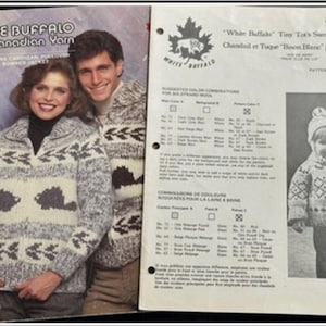May include: A White Buffalo knitting pattern booklet featuring a grey and white patterned cardigan on the cover and a child wearing a matching sweater and hat. The text includes White Buffalo The Canadian Yarn and Pattern Number 121.