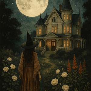 Moonlit Witch Cottage Art Print: Bohemian Magic Home Decor (Digital Download)