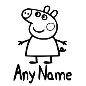 May include: Black and white line drawing of a cartoon pig with the text "Any Name" below.