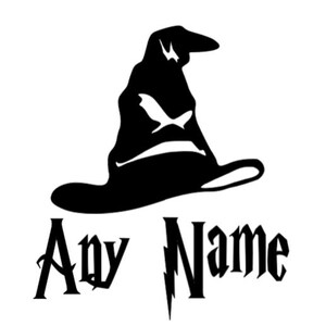 May include: Black and white silhouette of the Sorting Hat from the Harry Potter series with the text "Any Name" below it.