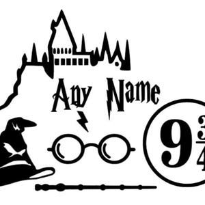 May include: Black and white silhouette of Hogwarts castle, a wizard's hat, glasses, a wand, and the number 9 3/4. The text "Any Name" is also included.