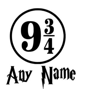 May include: Black and white graphic of a circle with the number 9 and 3/4 inside. The text "Any Name" is below the circle with a lightning bolt.