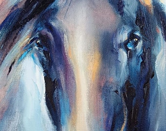 Blue Purple Horse Portrait | Original Oil Painting on Cardboard | Animal Pet Artwork | Cure Equestrian Wall art | Animal Lover Gifts