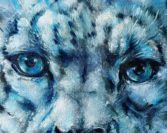 Snow Leopard Irbis Portrait Original Oil Painting on Linen Canvas | Wild Animal Wall Decor | Big Cat Wildlife Nature hand-painted Art