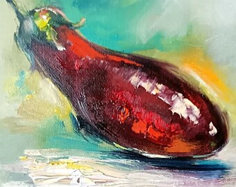 Plantaardige aubergine origineel klein olieverfschilderij op canvas Food keuken artwork paars verzameldecor vierkante culinaire kunst 8 x 8 inch