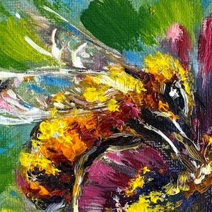 Golden HoneyBee portrait original oil painting Small canvas nature artwork Textured miniature square unique wall art 4 x 4 inches
