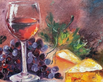 ワイン　チーズ　絵画　ヨーロッパ風景画 赤ワインとチーズ、キャンバスに描いた油絵、イタリアの名物料理