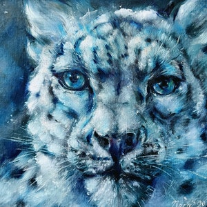 Snow leopard portrait original oil painting on linen canvas Big Cat Irbis wildlife artwork Wild animal wall decor Nature hand-painted art