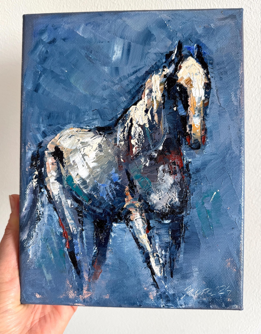 White Horse Oil Painting on Canvas Small Abstract Original Collectible ...