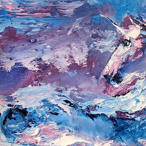 Pintura a óleo original de unicórnio em miniatura em papelão | Arte de pequenos equinos | Retrato de animal caprichoso | Arte de fantasia mágica única