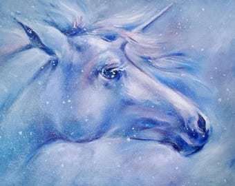 Speels eenhoornportret, origineel olieverfschilderij op ongespannen canvas. Blauw sprookjesachtig kunstwerk, 10 x 14 cm.