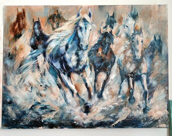 競走馬 ブルー ピンク オリジナル油絵 大型 テクスチャ キャンバス