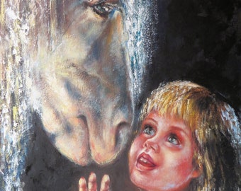 Horse and little girl portrait original oil painting on canvas Abstract animal artwork Kids room wall art