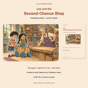 Può includere: Un libro di storie e attività stampabile intitolato Leo and the Second-Chance Shop. La copertina presenta un'illustrazione di due bambini con un carro di cartone e un adulto in un laboratorio. 20 pagine, età 6-9, formati A4 e US Letter.