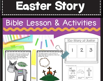 May include: A printable Easter story activity for preschool and kindergarten. The activity includes three images: Jesus riding a donkey, Jesus being crucified, and Jesus rising from the tomb. The text "The Story of Easter" is at the top of the page.