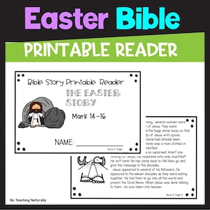 以下が含まれることがあります： イースターの物語について、子供向けの印刷可能なリーディングブックです。リーディングブックには、入り口を石で塞いだ洞窟の白黒のイラストが描かれています。「The Easter Story」というテキストは、白い背景に黒い文字で書かれています。「Mark 14-16」というテキストは、タイトルの下に書かれています。「Name:」というテキストは、イラストの下に書かれています。「Book A Page 1」というテキストは、ページの右下隅に書かれています。「Book A Page 8」というテキストは、2ページ目の右下隅に書かれています。