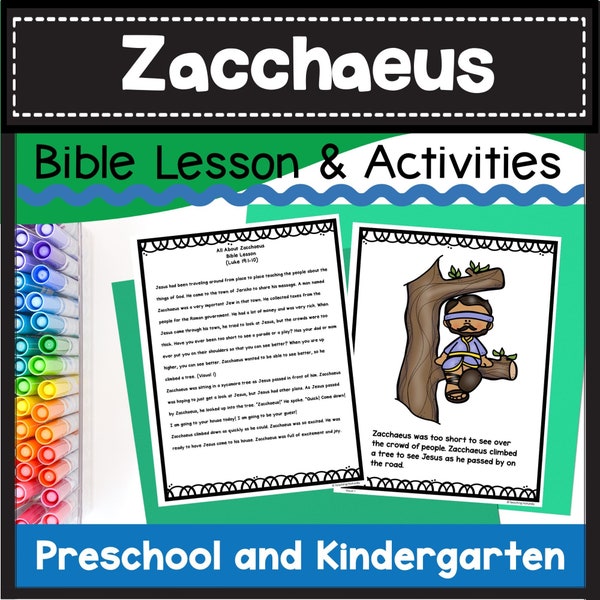 Zacchaeus meets Jesus Bible Lesson for Kids with Visuals, Mini-book, sequence cut and paste, and key verse coloring pages Printable