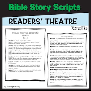 May include: Two printable readers' theatre scripts for children. The first script is about Jonah and the big fish, and the second script is about the story of Joseph. Both scripts are in black and white with colorful accents.