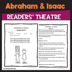 Puede incluir: Una página de teatro de lectores ilustrada en blanco y negro titulada "Abraham & Isaac". El texto incluye los versículos del Génesis de la historia, las partes habladas y los niveles de lectura aproximados. La imagen también presenta una ilustración en blanco y negro de Abraham e Isaac.