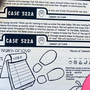 May include: A black and white printable worksheet with the title "Case 522A: In Search of Love." The worksheet includes a notepad with the text "I Cor 12" and a section for writing words that describe love. There are also footprints to trace and a section for writing thoughts about love.