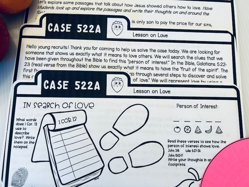 May include: A black and white printable worksheet with the title "Case 522A: In Search of Love." The worksheet includes a notepad with the text "I Cor 12" and a section for writing words that describe love. There are also footprints to trace and a section for writing thoughts about love.