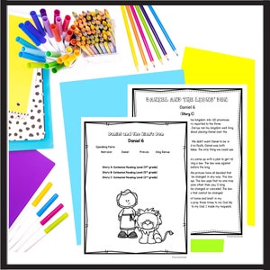 Puede incluir: Ilustración en blanco y negro de un hombre de pie junto a un león. El texto "Daniel y la guarida de los leones" está en la parte superior de la página. El texto "Daniel 6" está debajo de la ilustración. El texto "Nivel de lectura estimado de la historia C (3er grado)" está en la parte inferior de la página.