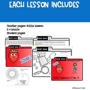 May include: A printable Bible lesson for kids about love. The lesson includes two teacher pages with visuals and two student pages with activities. The student pages feature a strawberry with the word "love" on it, a decoder wheel, and a search for love activity.