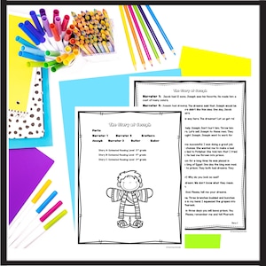 Peut inclure: Illustration en noir et blanc de Joseph de l'histoire biblique. L'illustration montre Joseph portant un long manteau avec une ceinture. Le texte "The Story of Joseph" est en haut de la page. Le texte "Parts: Joseph, Narrator 1, Narrator 2, Brothers, Narrator 3, Butler, Baker" est sous le titre. Le texte "Story A Estimated Reading Level 3rd grade, Story B Estimated Reading Level 4th grade, Story C Estimated Reading Level 2nd grade" est sous la liste des parties.