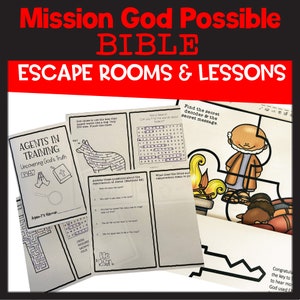 May include: A collection of Bible-themed escape room and lesson printables. The title reads "Mission God Possible BIBLE ESCAPE ROOMS & LESSONS." The pages include mazes, word searches, and questions about Jesus' resurrection. The color scheme is primarily black and white.