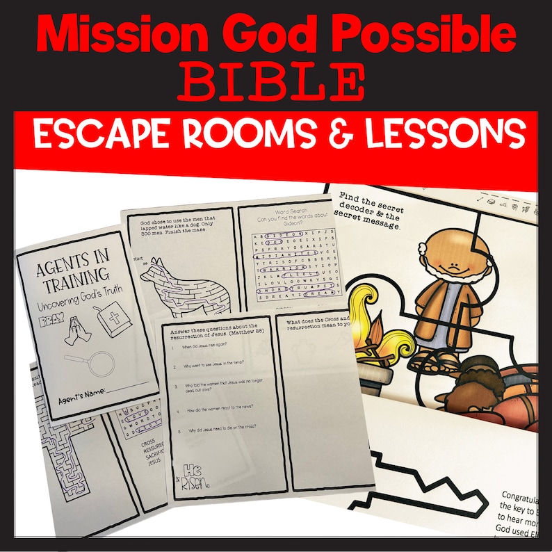 May include: A collection of Bible-themed escape room and lesson printables. The title reads "Mission God Possible BIBLE ESCAPE ROOMS & LESSONS." The pages include mazes, word searches, and questions about Jesus' resurrection. The color scheme is primarily black and white.