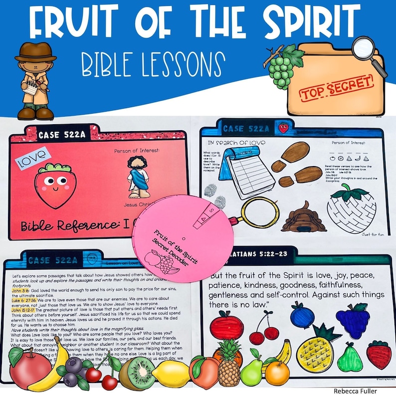 May include: A colorful printable activity sheet for kids to learn about the fruit of the spirit. The sheet features a detective theme with a magnifying glass, a case file, and a secret decoder. The text on the sheet includes the Bible verse Galatians 5:22-23, which lists the fruit of the spirit as love, joy, peace, patience, kindness, goodness, faithfulness, gentleness, and self-control.