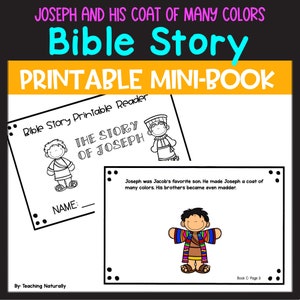 May include: Black and white printable mini-book for children about the Bible story of Joseph and his coat of many colors. The book includes illustrations and text for kids to color and read. The text reads "Bible Story Printable Reader The Story of Joseph" and "Joseph was Jacob's favorite son. He made Joseph a coat of many colors. His brothers became even madder."