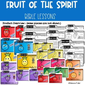 May include: A set of colorful printable Bible lesson cards featuring the fruits of the spirit. Each card has a different fruit, a Bible verse, and a person of interest. The cards are designed for children's Sunday school or home learning.