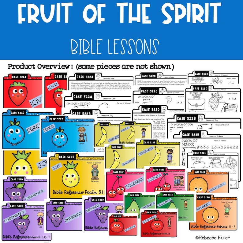 May include: A set of colorful printable Bible lesson cards featuring the fruits of the spirit. Each card has a different fruit, a Bible verse, and a person of interest. The cards are designed for children's Sunday school or home learning.