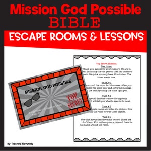 May include: A red and black graphic with the text "Mission God Possible BIBLE ESCAPE ROOMS & LESSONS." A gray card with sunglasses and the text "Mission: God Possible" and "Everything is possible with God Mark 10:27" is in the foreground. The card has a red border and a "Top Secret" stamp.