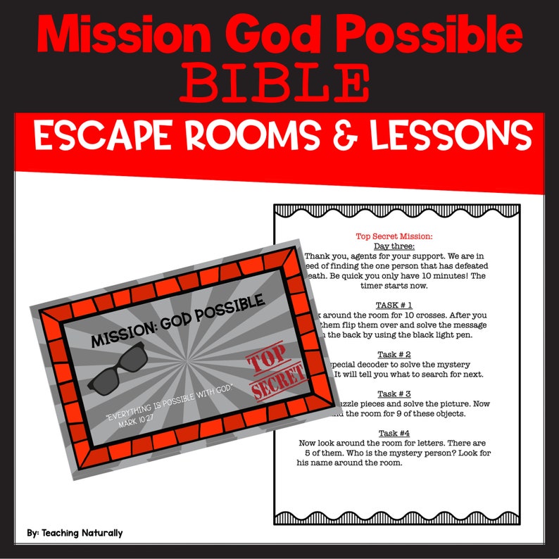 May include: A red and black graphic with the text "Mission God Possible BIBLE ESCAPE ROOMS & LESSONS." A gray card with sunglasses and the text "Mission: God Possible" and "Everything is possible with God Mark 10:27" is in the foreground. The card has a red border and a "Top Secret" stamp.