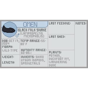 Puede incluir: Una tarjeta de información pixelada para una serpiente de leche negra llamada Omen. La tarjeta incluye detalles como fecha de nacimiento, rango de temperatura, rango de humedad y una lista de plantas. La imagen de la serpiente está en un círculo azul.