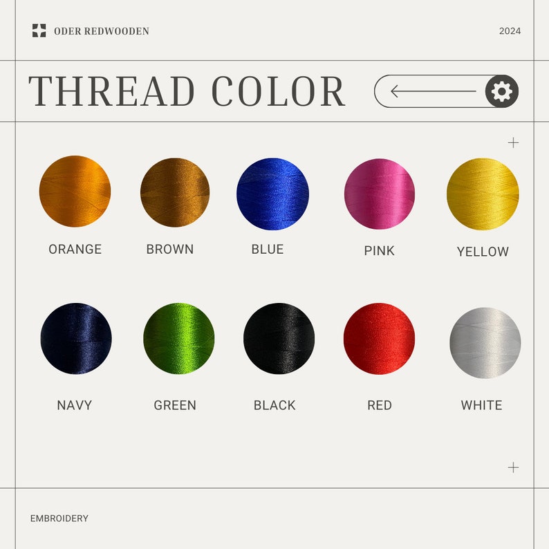 Puede incluir: Una carta de colores que muestra los colores de hilo para bordar. La carta incluye naranja, marr&oacute;n, azul, rosa, amarillo, marino, verde, negro, rojo y blanco. El texto "THREAD COLOR" est&aacute; en la parte superior.