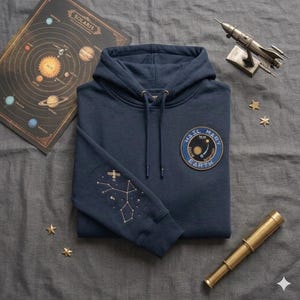 May include: Navy blue hoodie with a drawstring hood and a patch that says "Hail Mary Earth". The left sleeve has a constellation and space station design. A vintage-style solar system chart and a toy rocket are also in the image.
