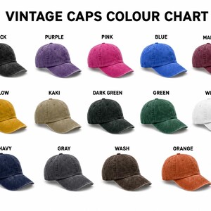 May include: A color chart of vintage baseball caps in various colors, including black, purple, pink, blue, maroon, yellow, khaki, dark green, green, white, navy, gray, wash, and orange. The text "VINTAGE CAPS COLOUR CHART" is at the top.