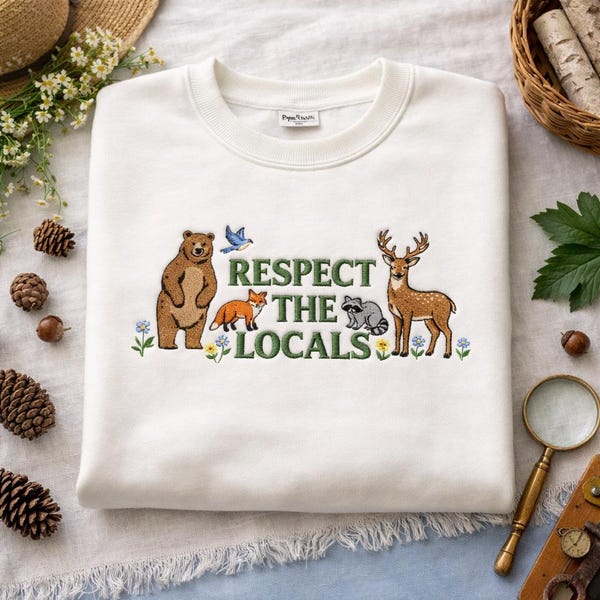 Sudadera bordada estilo cottagecore, camiseta "Respeta a los lugareños", sudadera de cuello redondo con animales del bosque, regalo inspirado en la naturaleza.
