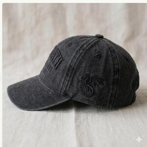 May include: A dark gray baseball cap with a curved brim. The cap features embroidered text and a dragon emblem on the side. The fabric has a slightly worn appearance, giving it a vintage look.
